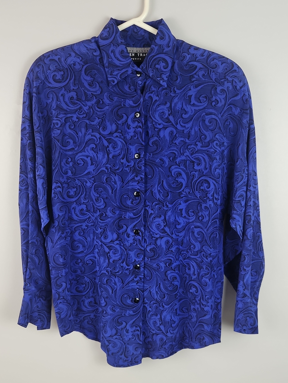 90s Linda Allard Ellen Tracy Paisley Purple 100% Silk Button Front Blouse Top 4